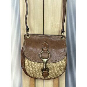 Massimo Dutti Brown Leather Straw Crossbody Bag Purse Equestrian Preppy Resort